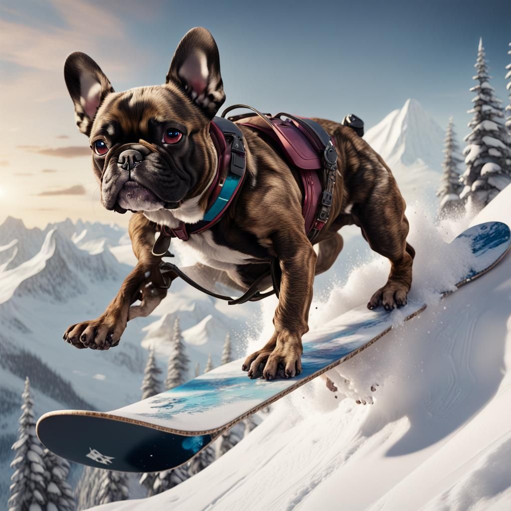 French Bulldog Snowboarding Down Mountain: Fantasy Art