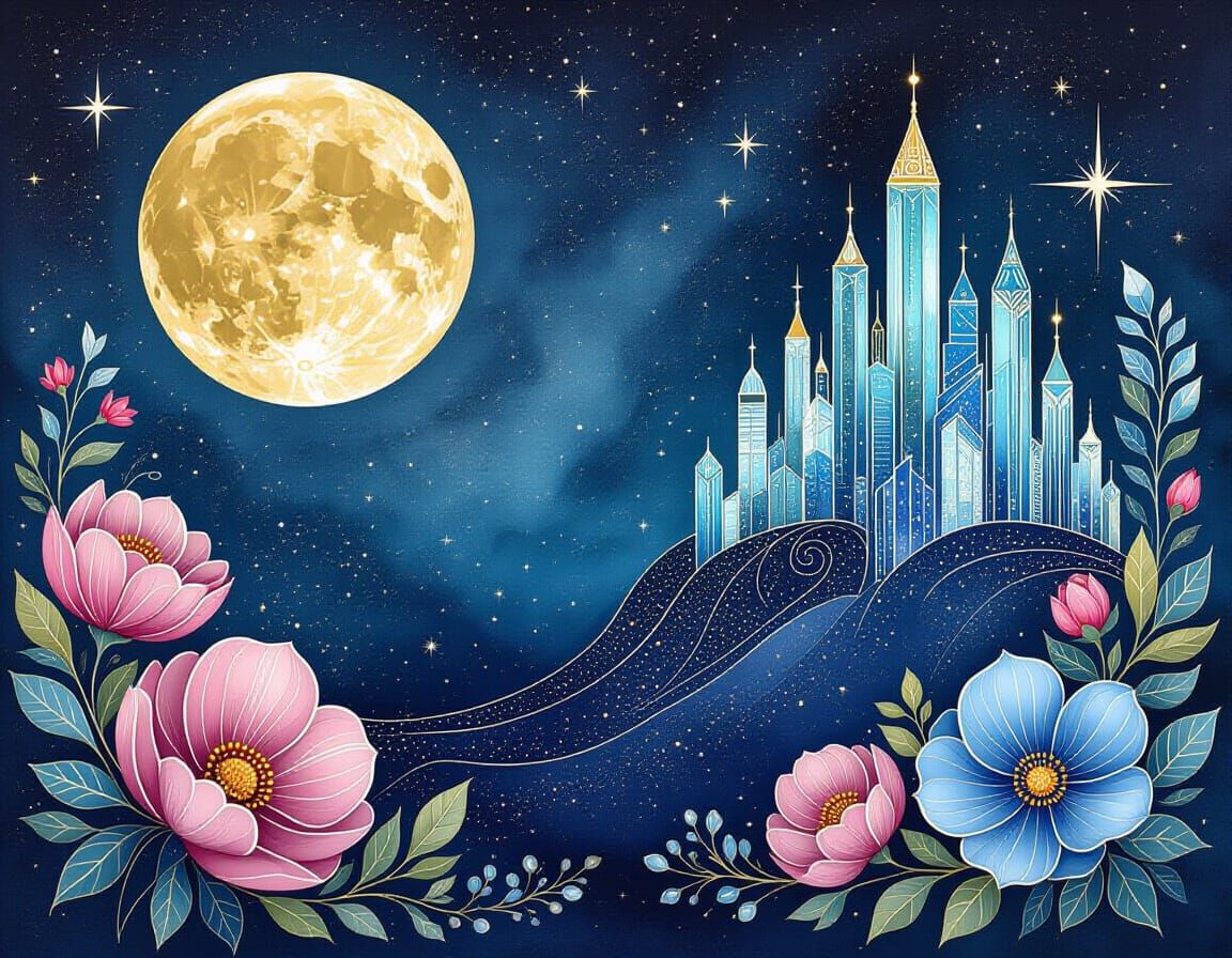 Silver Sapphire Moon City in Nebula, Alcohol Ink Art