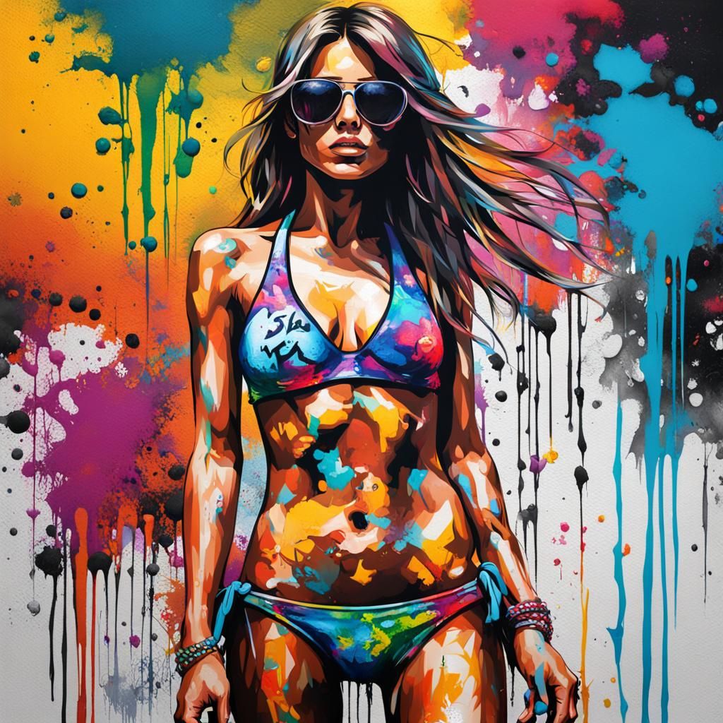 Bikini Woman in Colorful Graffiti Street Art