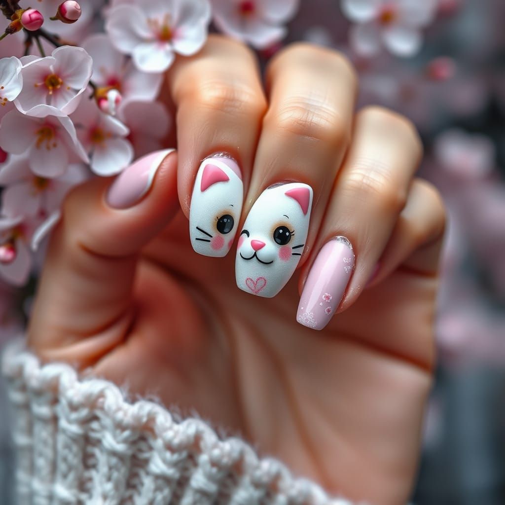 Hyperrealistic Mochi Cat Nail Art in Cherry Blossom Wonderla...