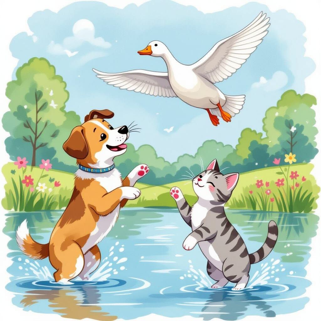 Cute Dog and Cat Chase Goose in Watercolor