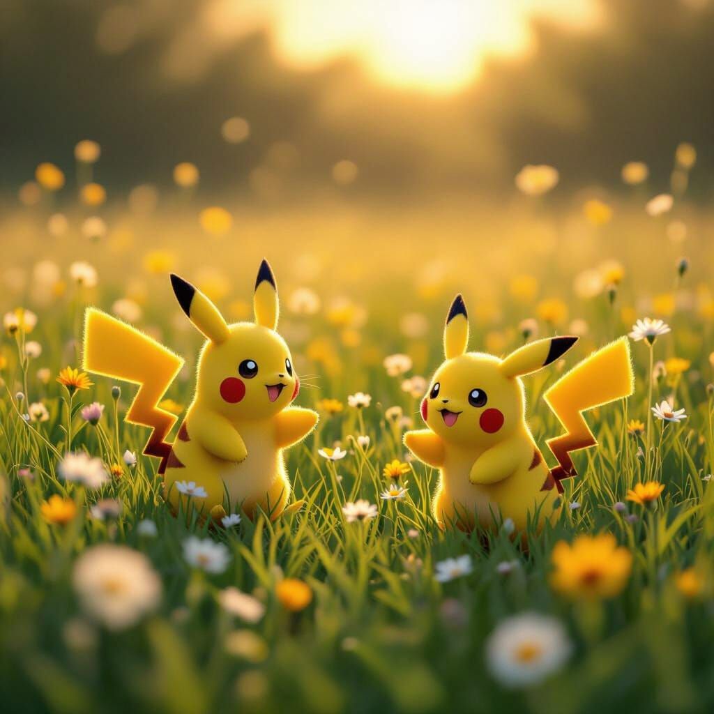 Pikachus Joyfully Play in a Sunlit Meadow