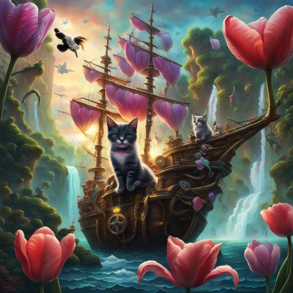 Flying Iridescent Tulip with Pirate Kittens, Fantasy Art