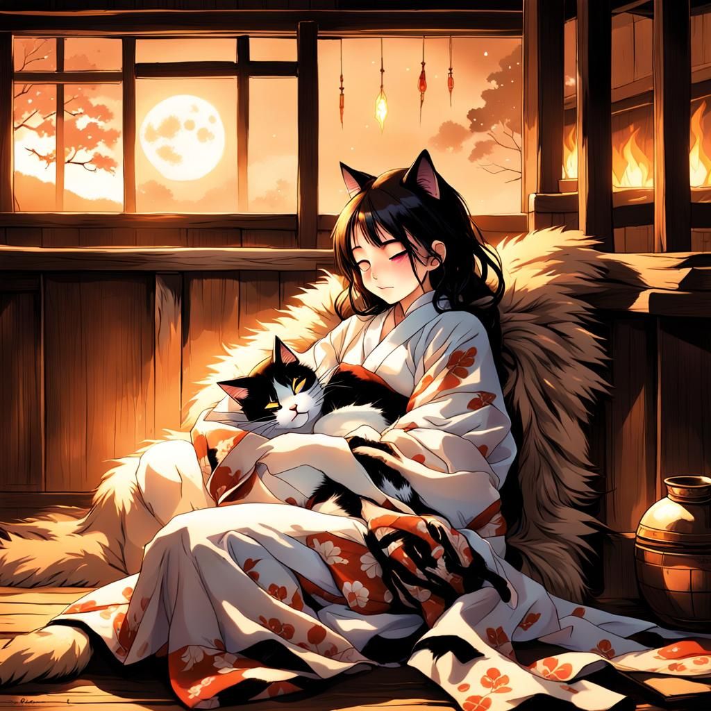 Girl Sleeping with Cat in Cozy Japanese Hut