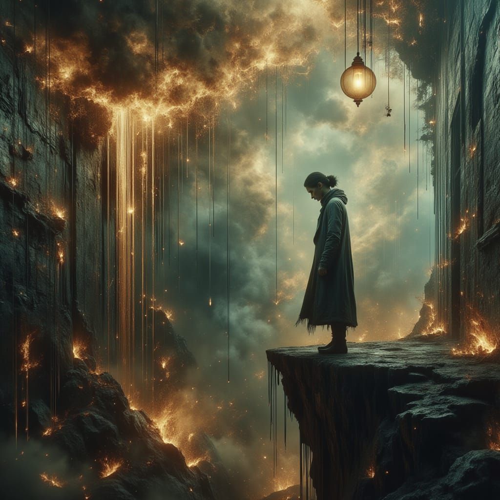 Surreal Figure on Cliff Edge in Dreamscape