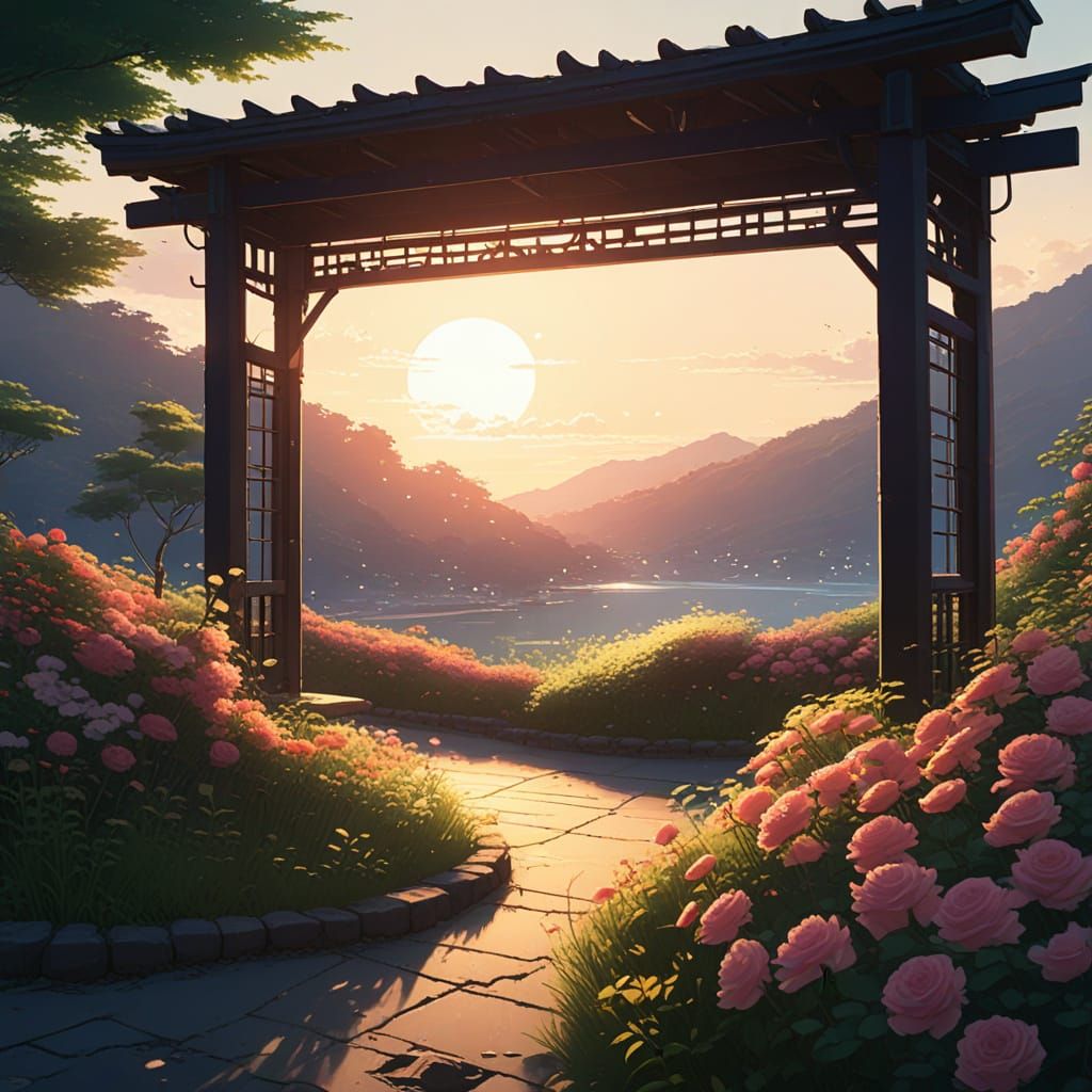 Whimsical Pergola Scene in Watercolor Style