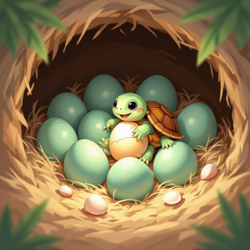 Cute Baby Turtle Hatches from Egg in Cozy Nest