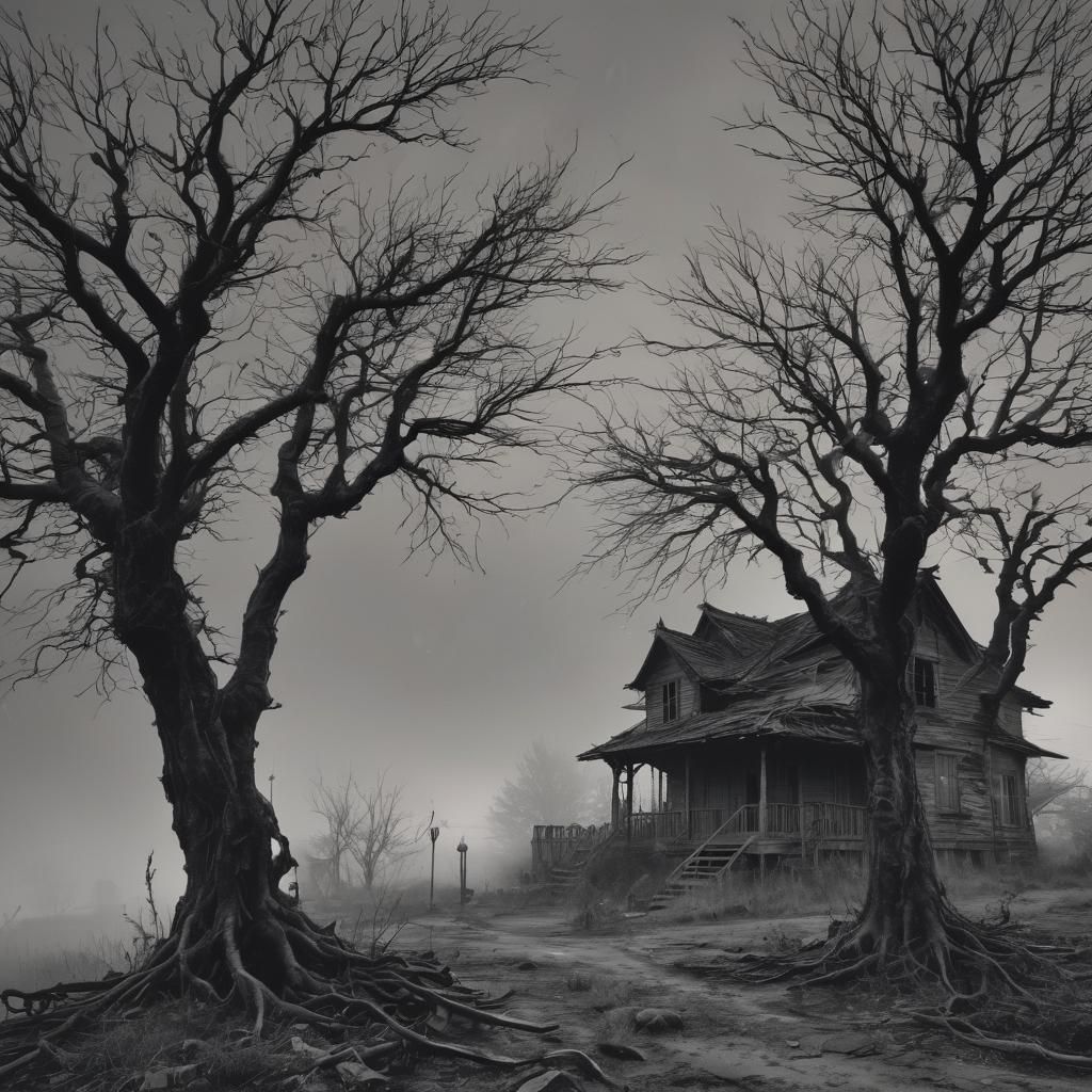 Eerie Abandoned House in Dark Manga Horror Style