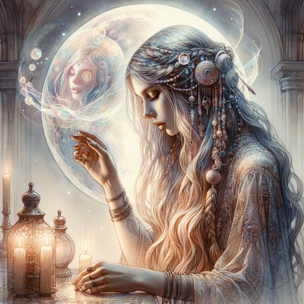 Ethereal Priestess Praying Under Moonlight in Watercolor Sty...