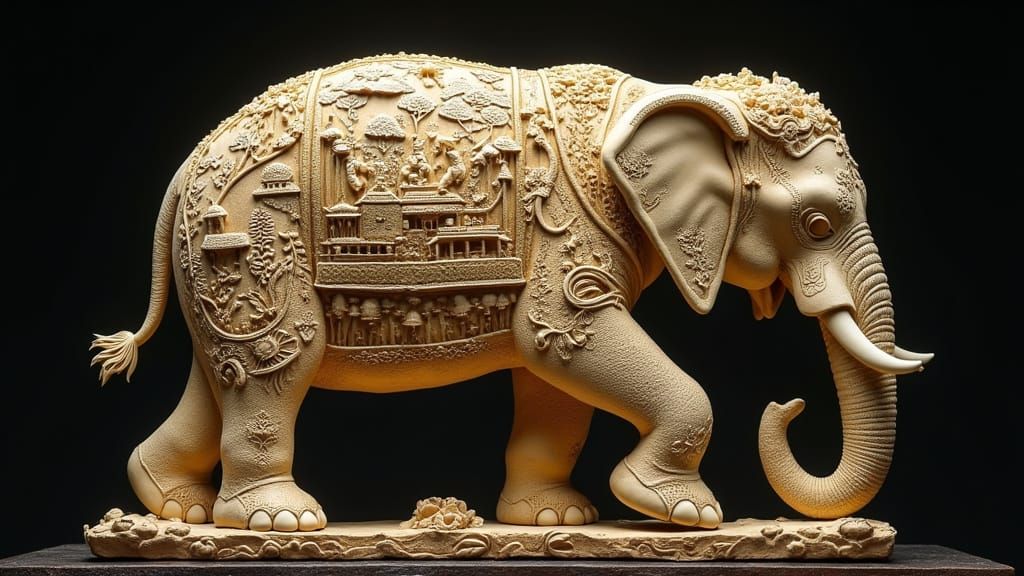 A full body image of an ancient full-length carved elephant ...