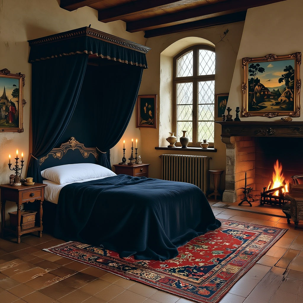 Medieval Lady's Bedchamber with Blue Canopy Bed