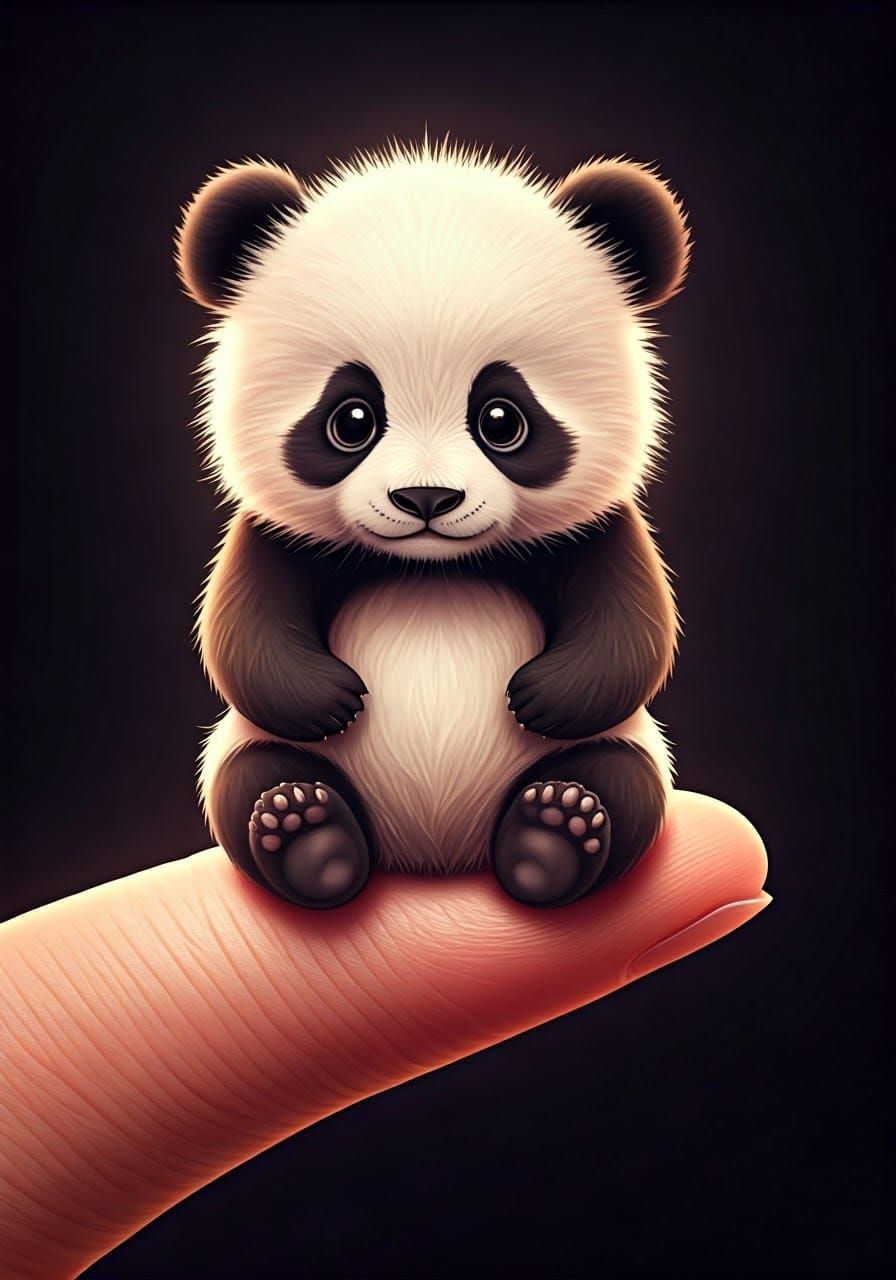 Chubby Panda Cub on a Thumb, Digital Illustration