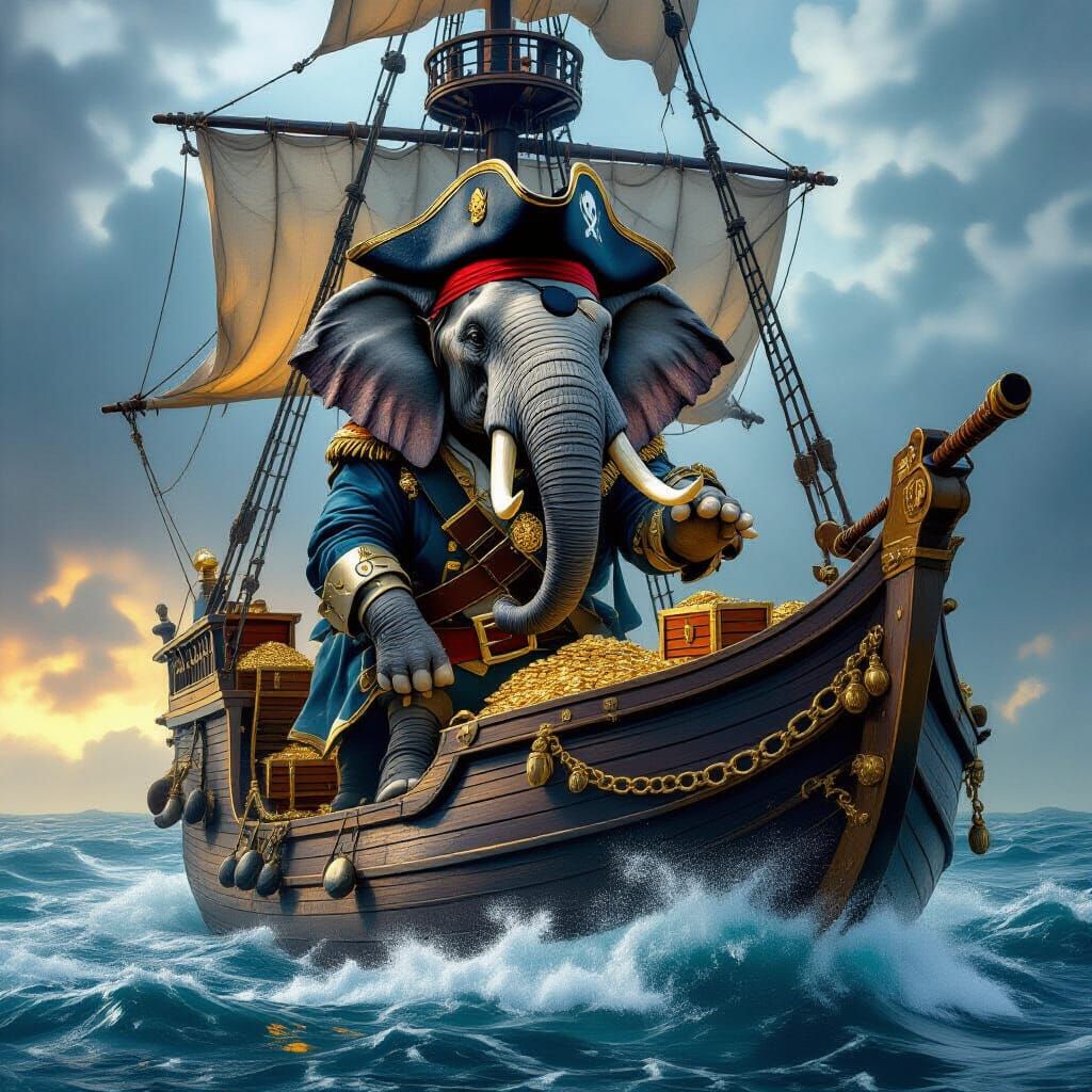 Elephant Pirate Captain at Helm in Photorealistic Style