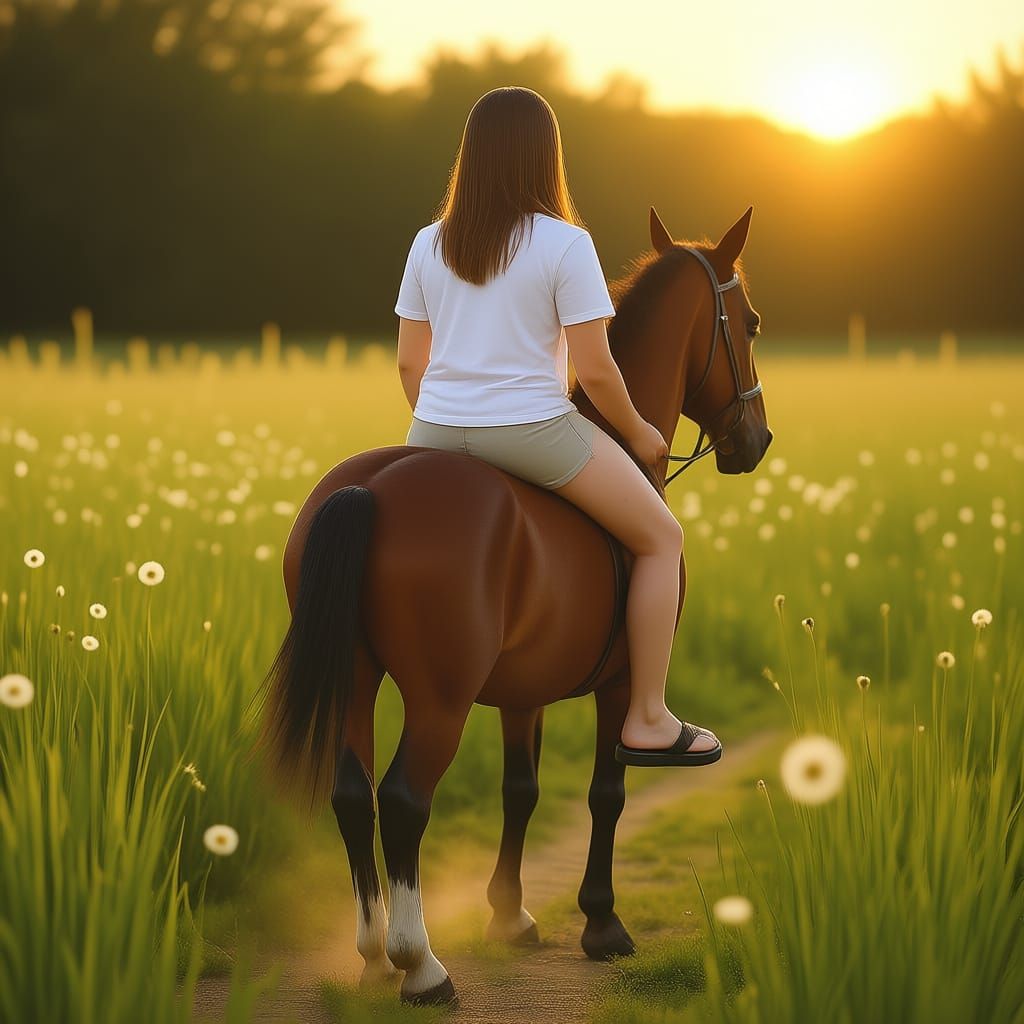 Dappled Horse and Rider Gallop Through Daisy Field