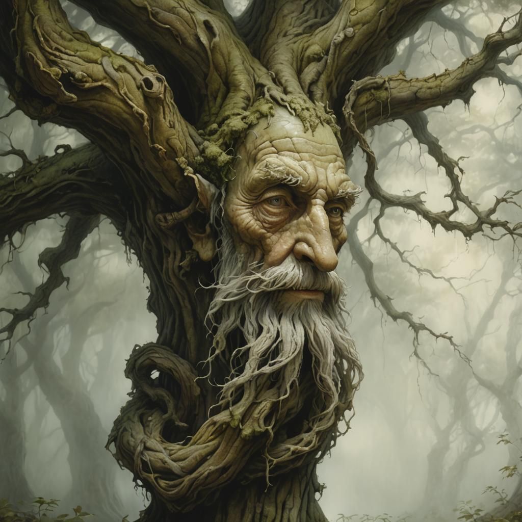 Dreamlike Old Oak Tree with Gnarled Beard