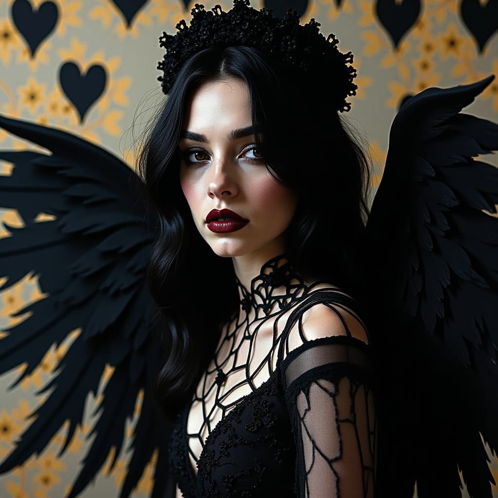 Surreal Woman in Cubist Gown with Black Wings