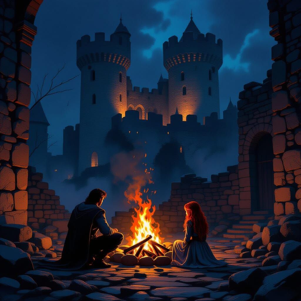 Man and Girl by Bonfire in Medieval Fortress Ruins