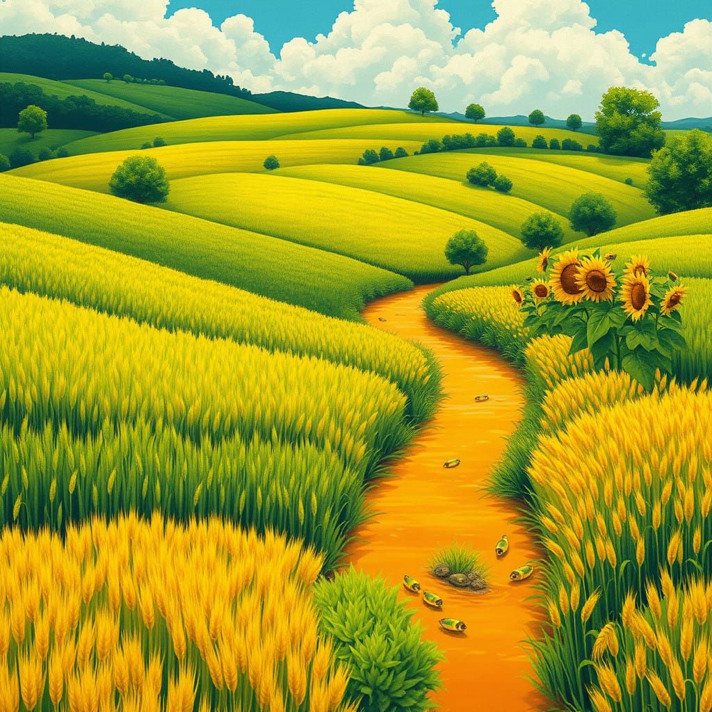 Lush Harvest Landscape in Whimsical Watercolor Style