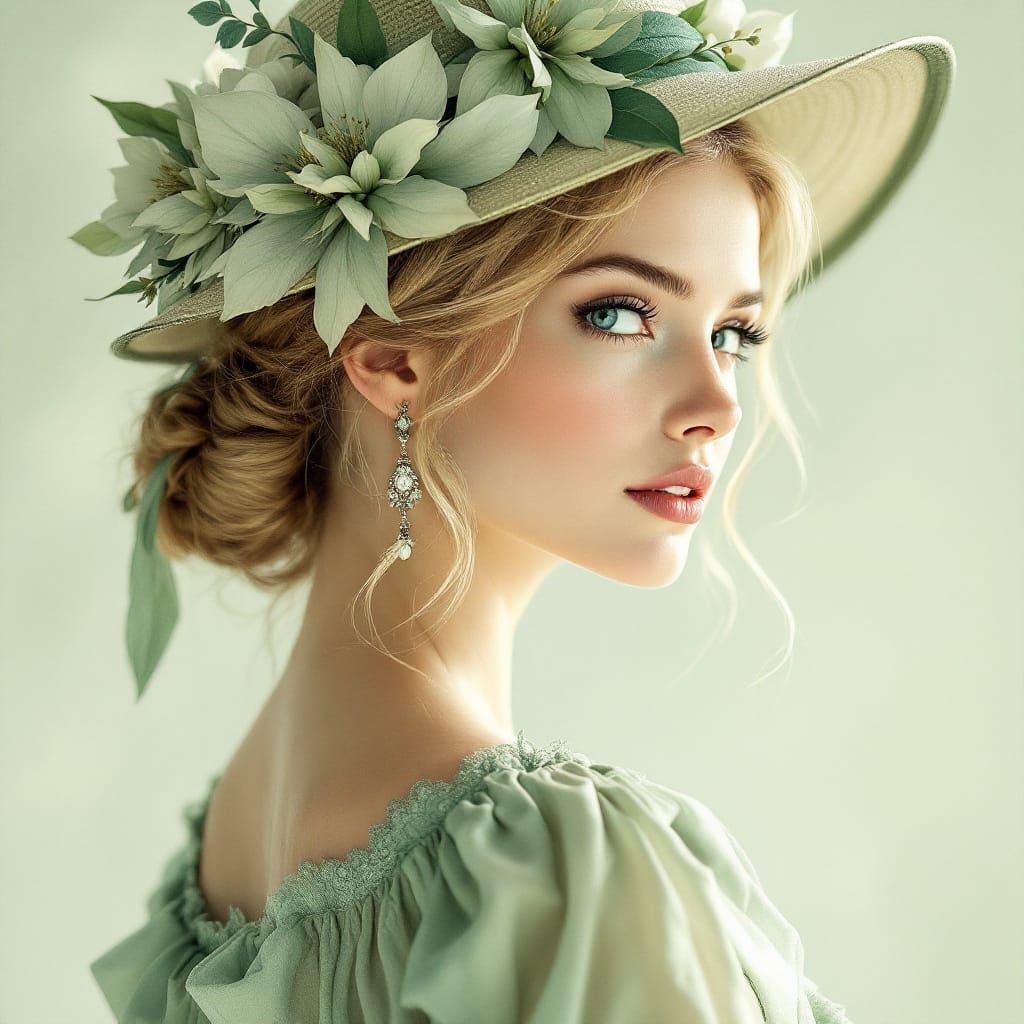 Ethereal Woman with Watercolor Flowers, Impressionistic Styl...