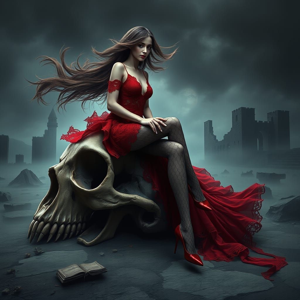 Melancholic Woman in Red Lace on Skull