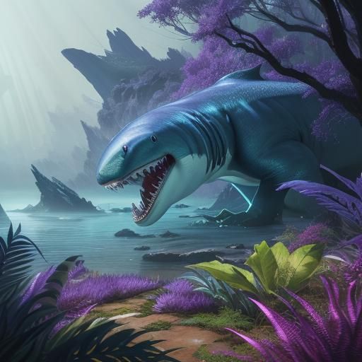 Megalodon Emerges in Bioluminescent Prehistoric Landscape
