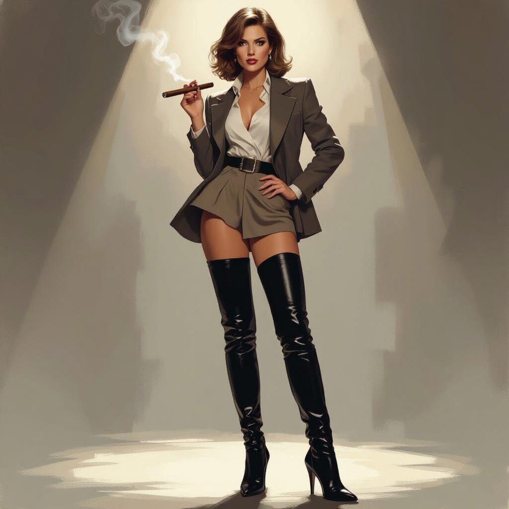 Film Noir Woman Smoking Cigar in Thigh-High Boots