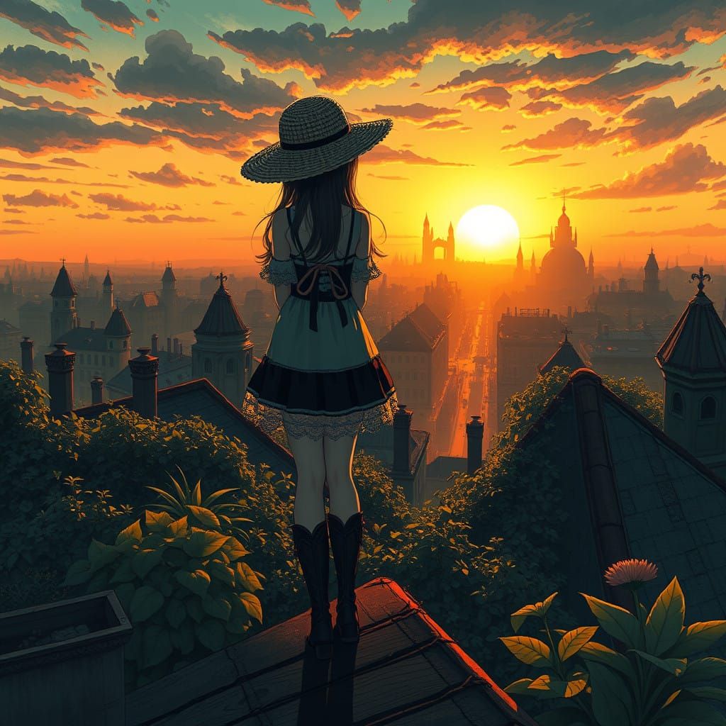 Girl in Whimsical Fantasy Cityscape at Sunset