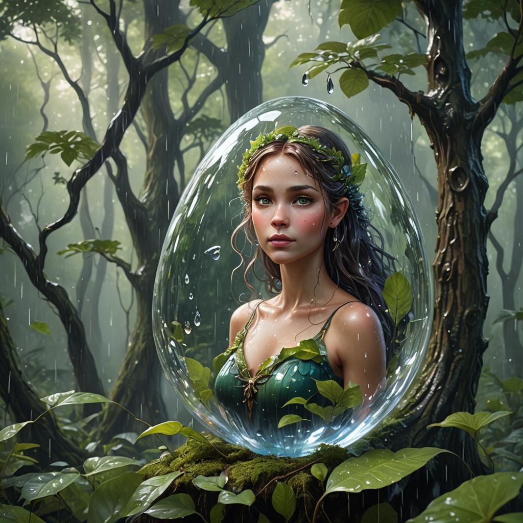 Realistic Fairy in Waterdrop, Rainy Forest Scene