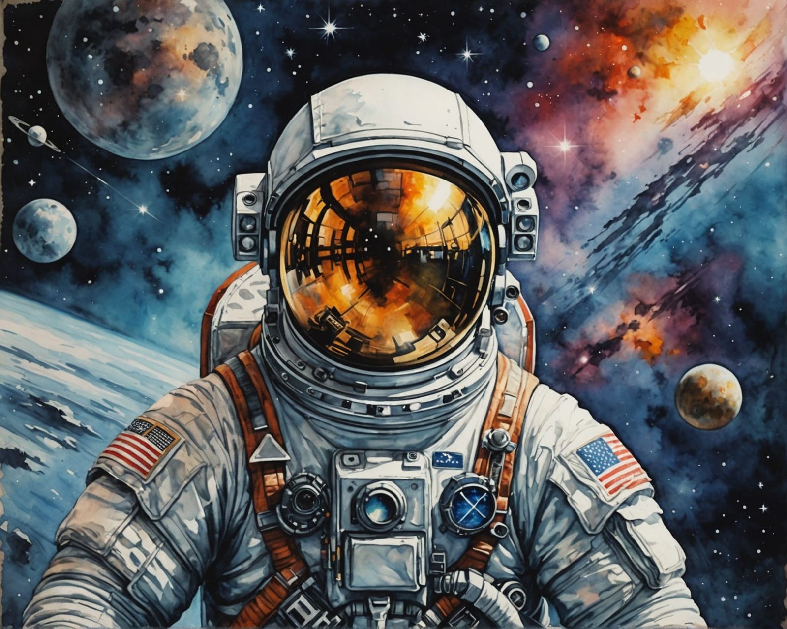 Astronaut Galaxy Reflection in Watercolor Style