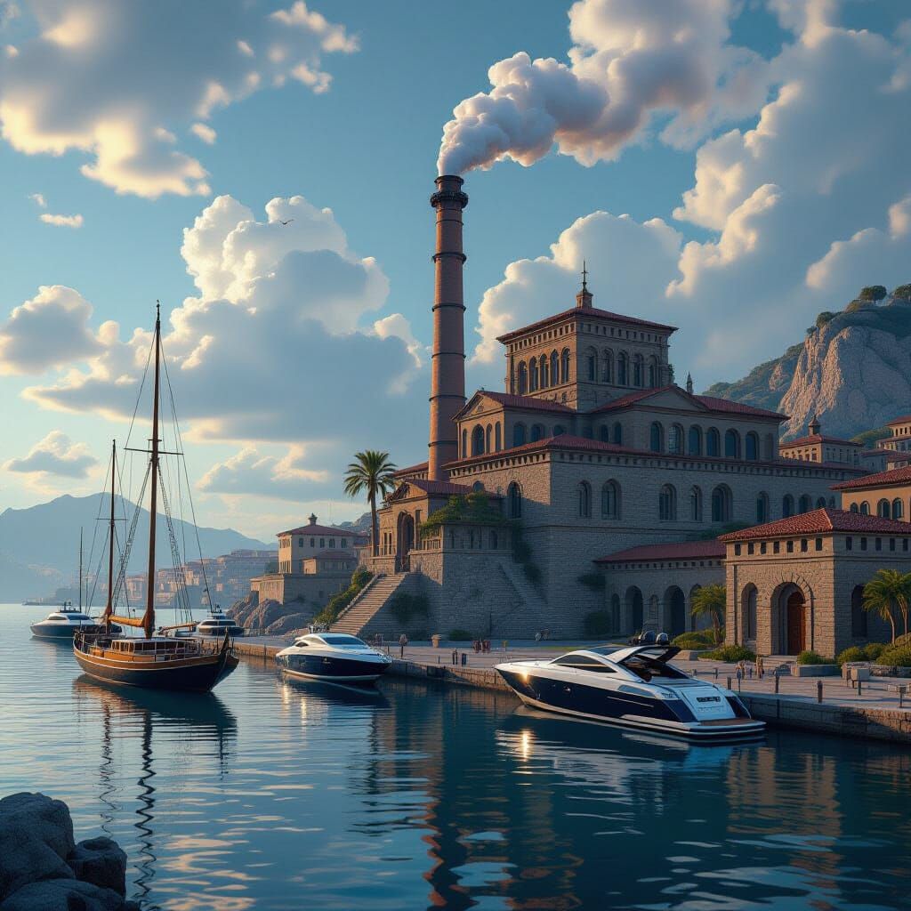 Fantastical Coat of Arms with Power Plant and Fortress