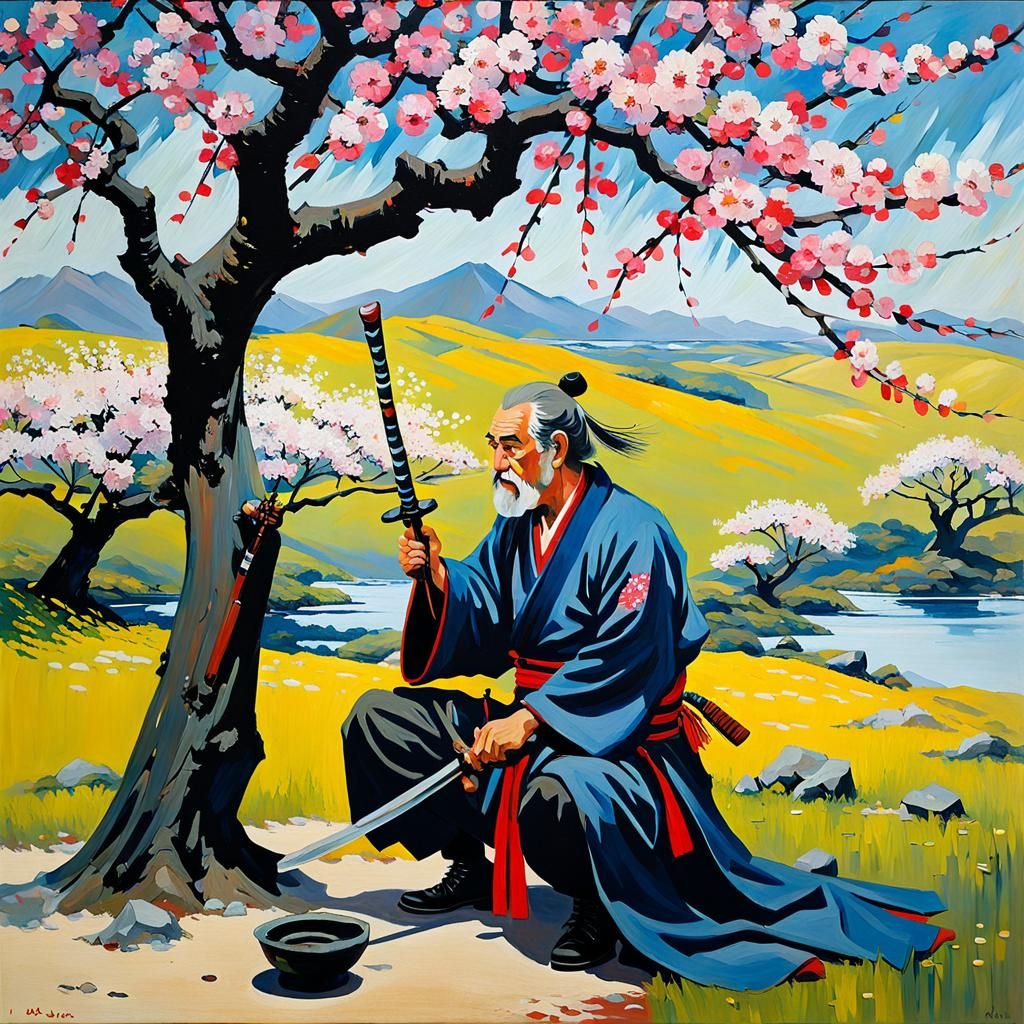 Samurai Legacy: Expressionist Oil Painting with Blossoms