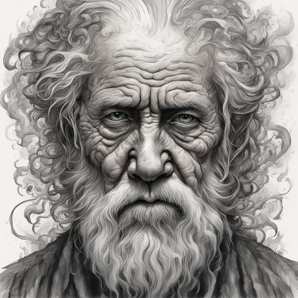 Detailed Sketch of an Old Man's Elemental Face