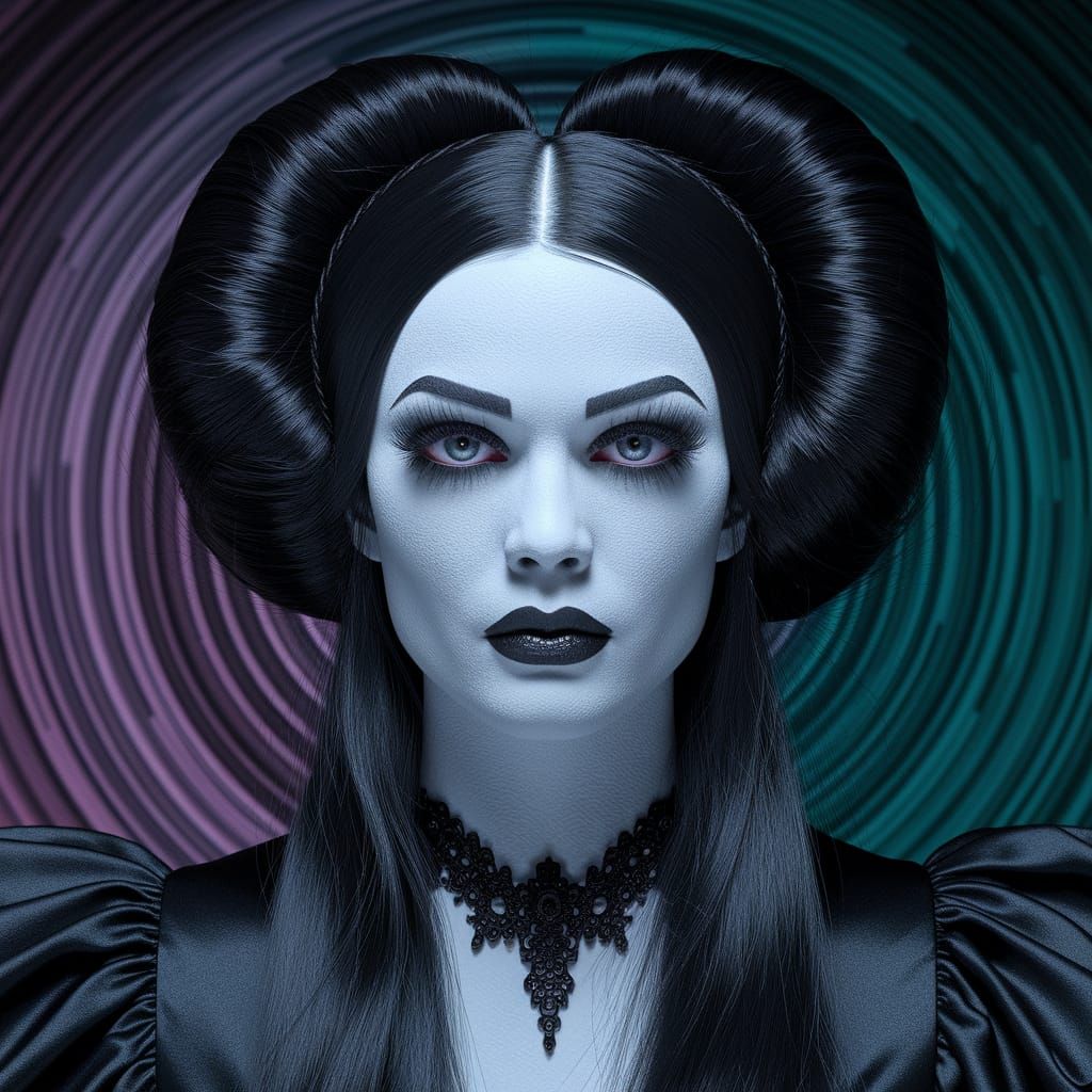 Snow Goth Princess with Dark Hair and Ethereal Glow