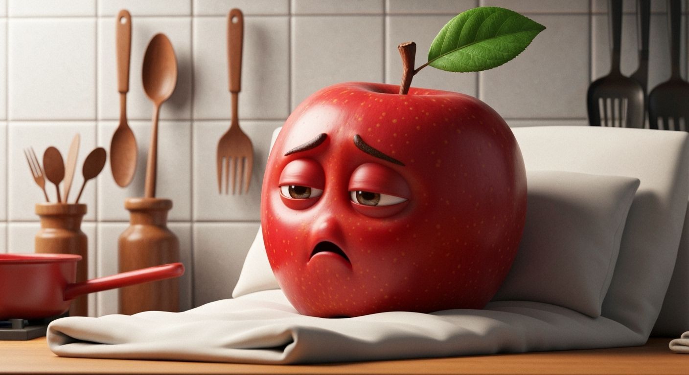 Sad Red Apple in Bed as Oil Painting