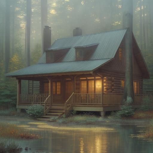 Impressionist Autumn Forest Cabin in Golden Light