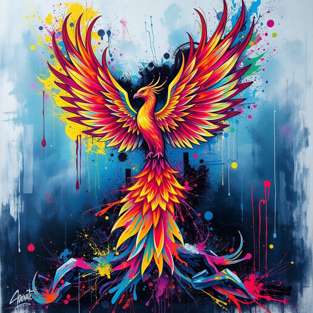 Bioluminescent Phoenix Rising in Graffiti Art Style