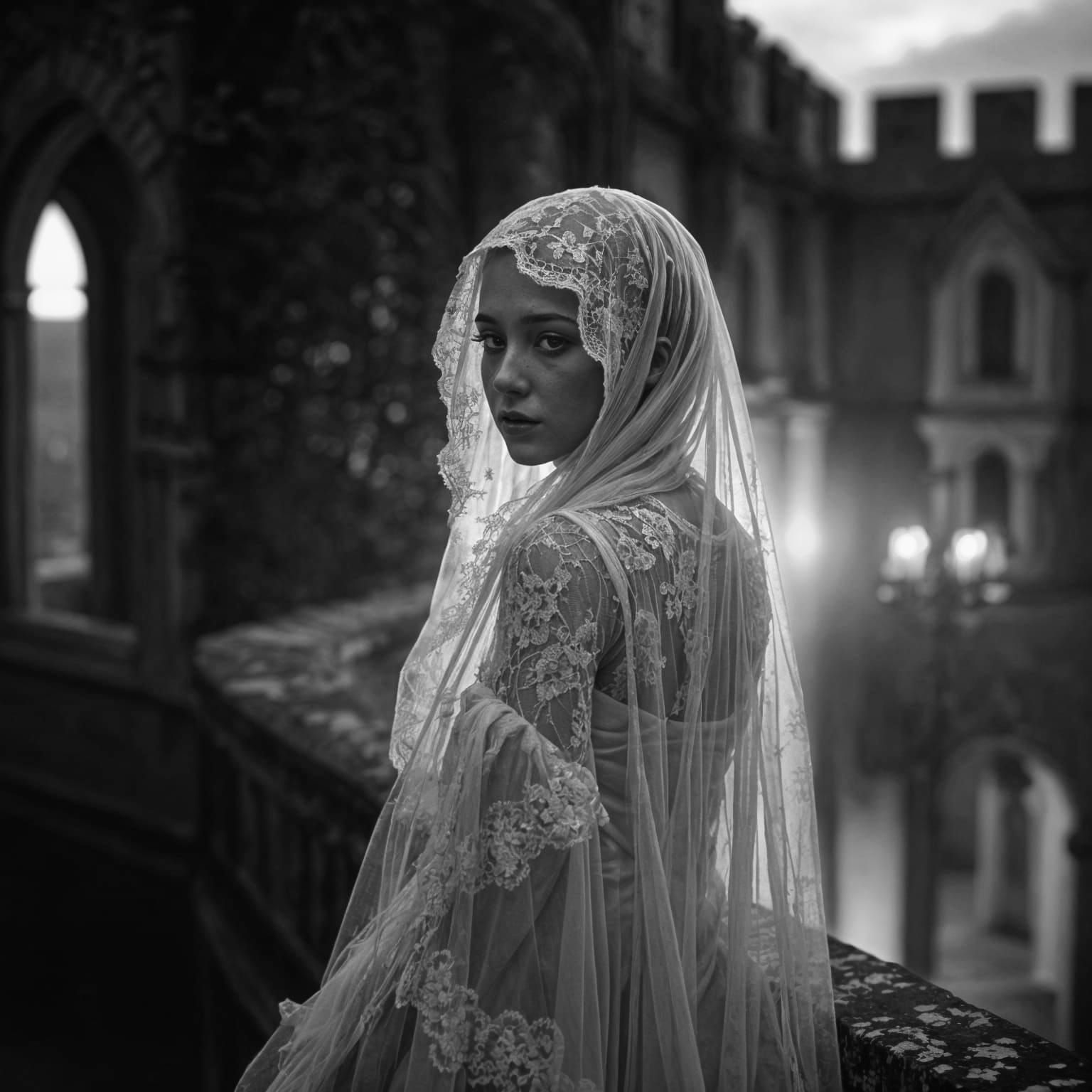 Ghostly Lady Haunts Castle Ruins at Dusk