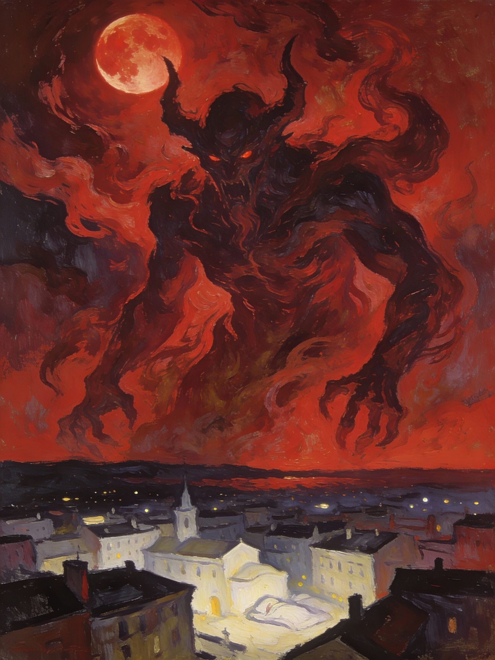 Eldritch Entity Rises Over Sleeping City Under Blood Moon