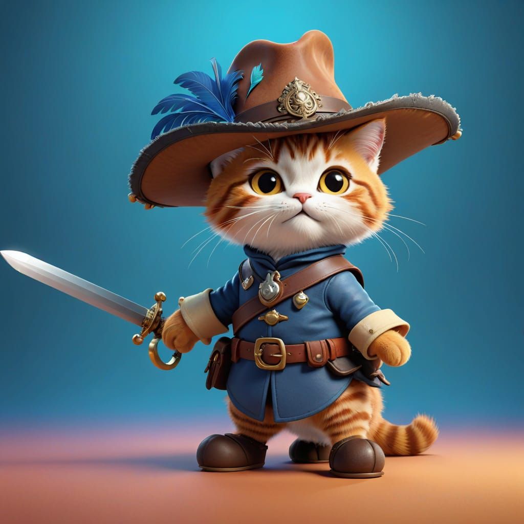 Cute Musketeer Cat Wields Rapier in Vibrant Background