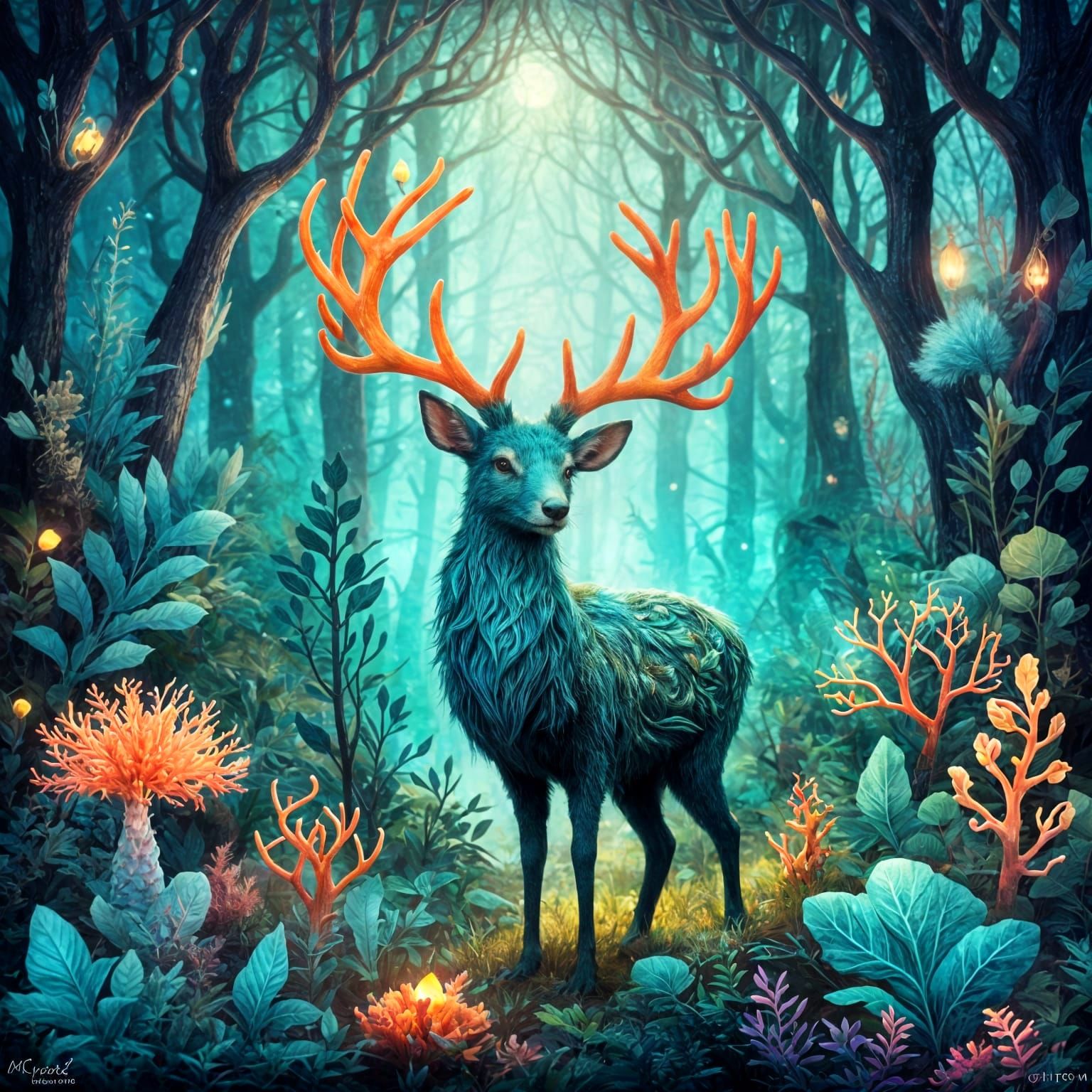 Whimsical Forest Creature in Teal and Coral Hides Among Glow...