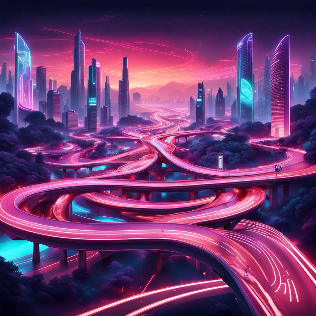 Futuristic Cityscape with Neon-Lit Winding Roads