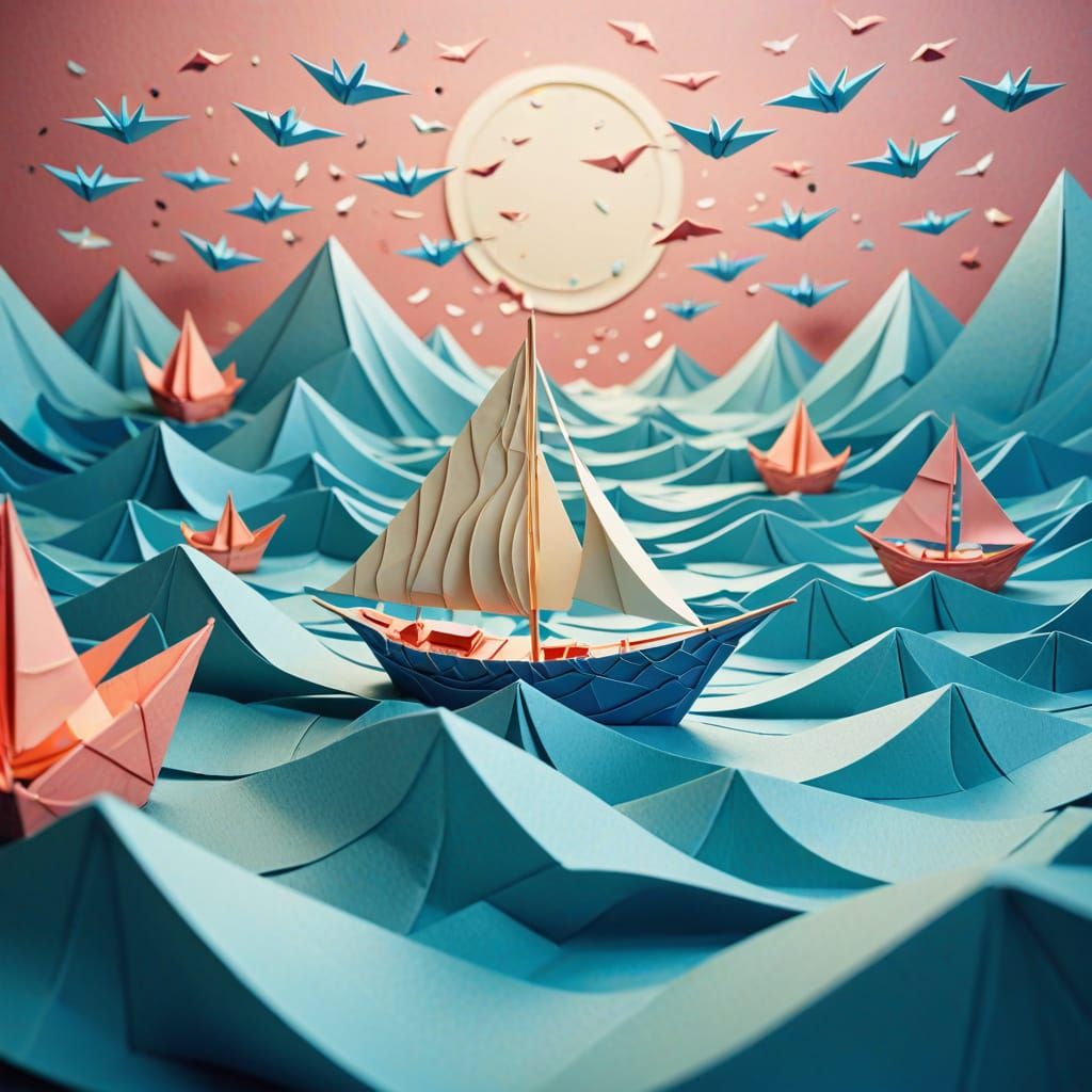 Origami Paper Ocean with Samurai Ships