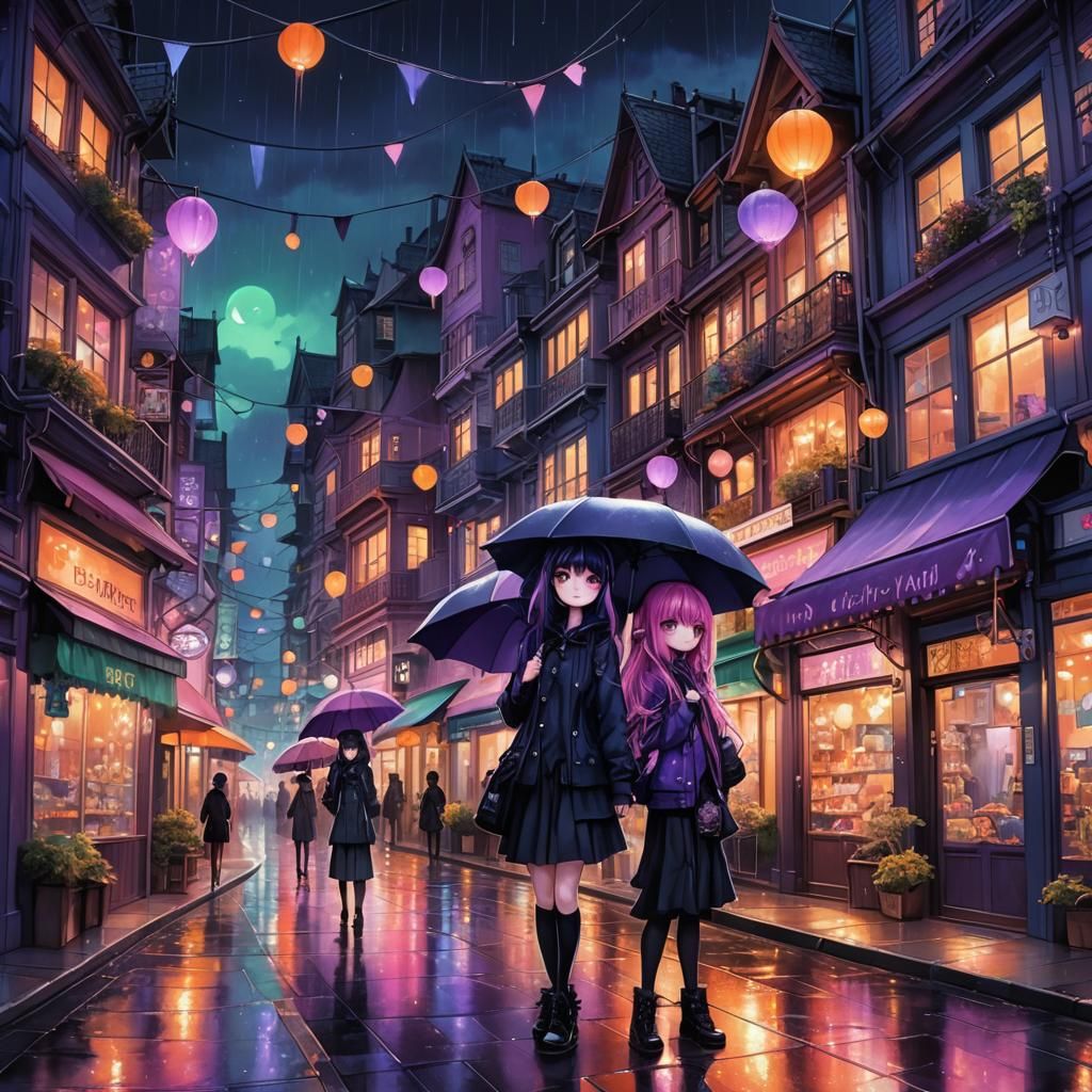 Dark Kawaii Rainy Night in City Street