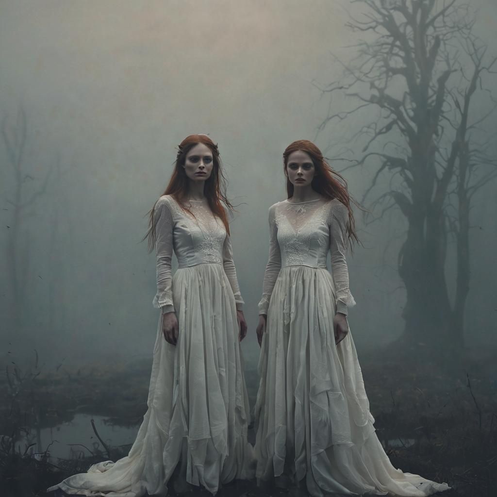 Ethereal Sisters in Mist: Dreamlike Double Exposure Art