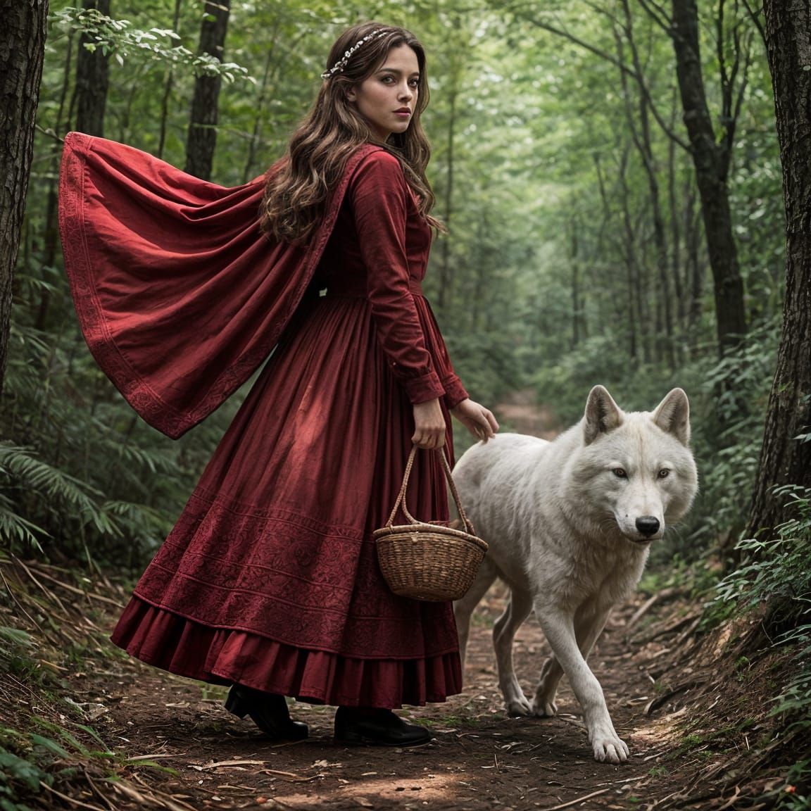 Little Red Riding Hood in the Forest with Basket