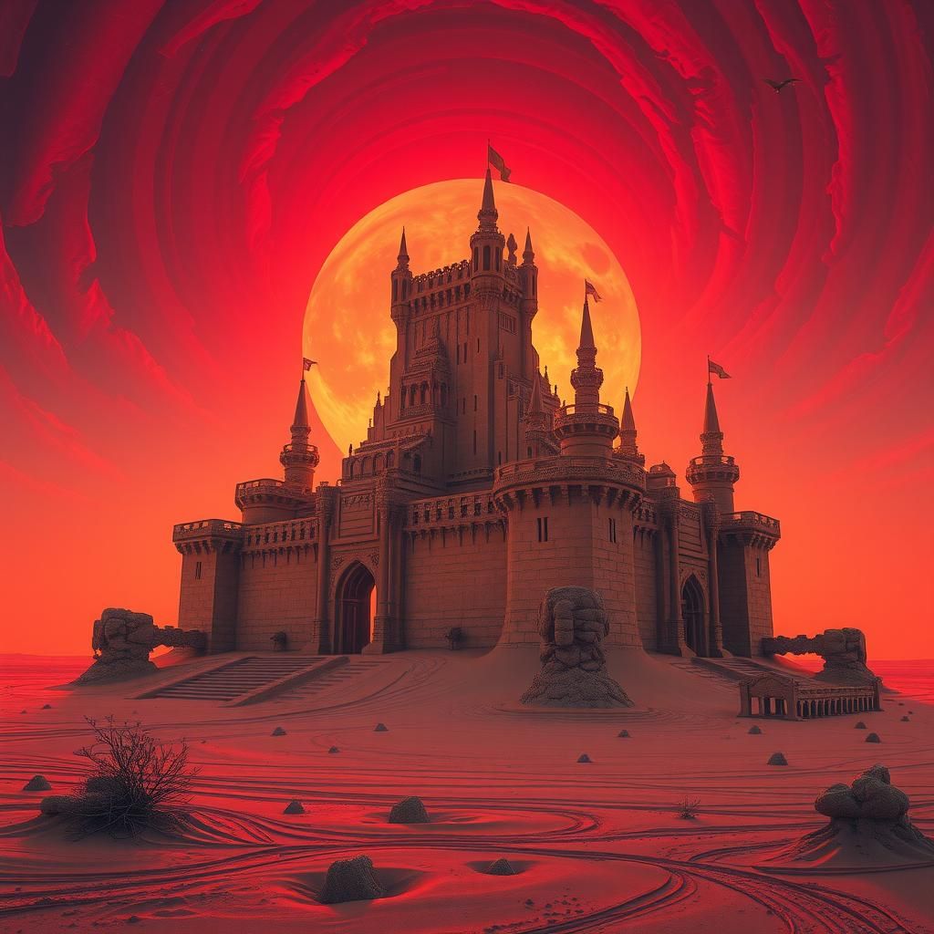 Holographic Sand Castle at Sunset in Sci-Fi Style