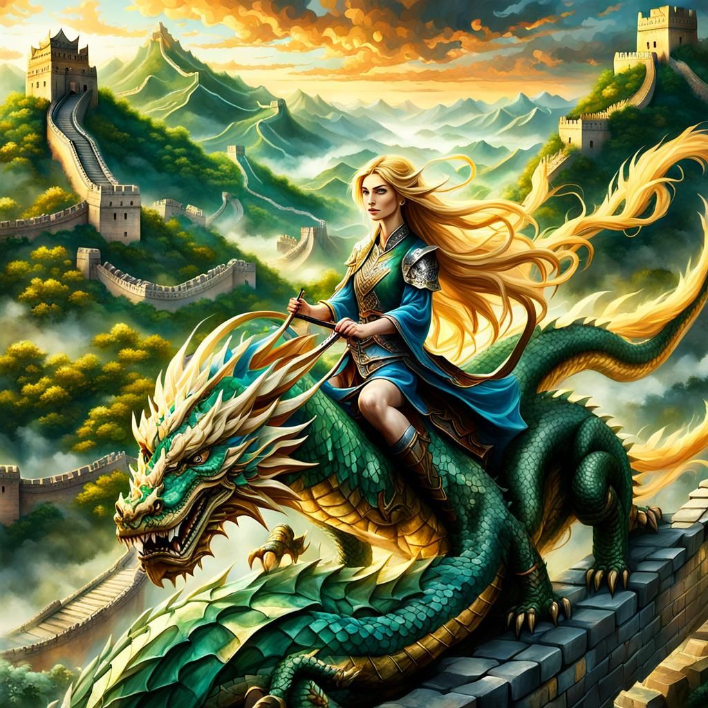 Girl Riding Dragon Above China, Fantasy Concept Art