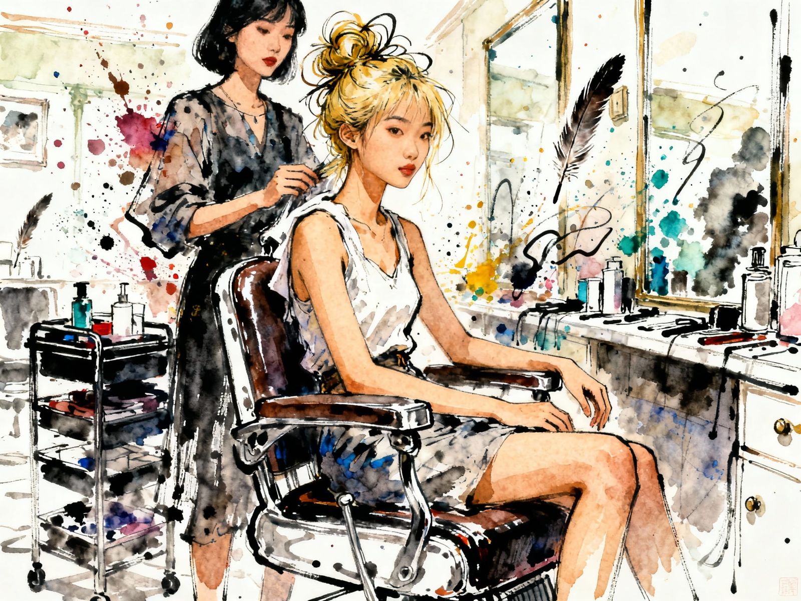 Vintage Hair Salon Scene with Two Women in Ink and Watercolo...