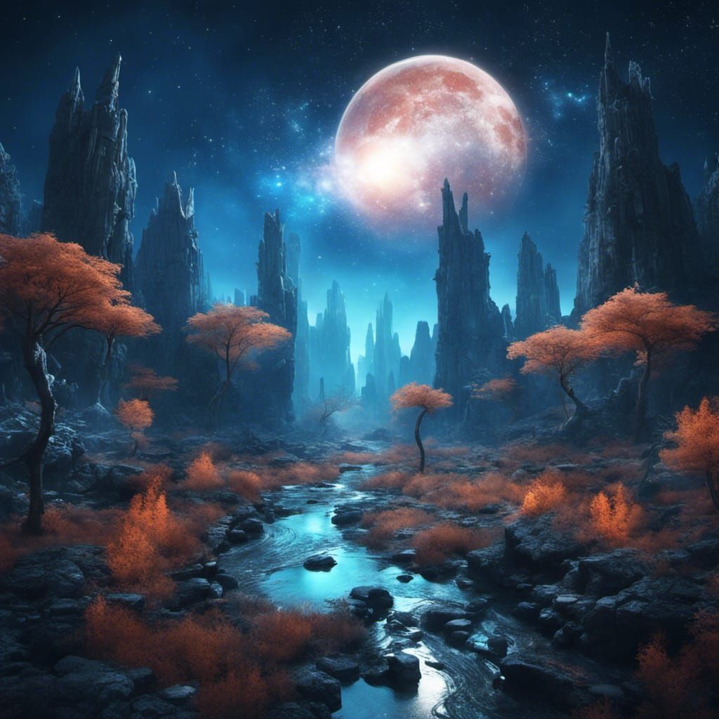 Enchanted Forest Planet Overlooking a Starry Galaxy