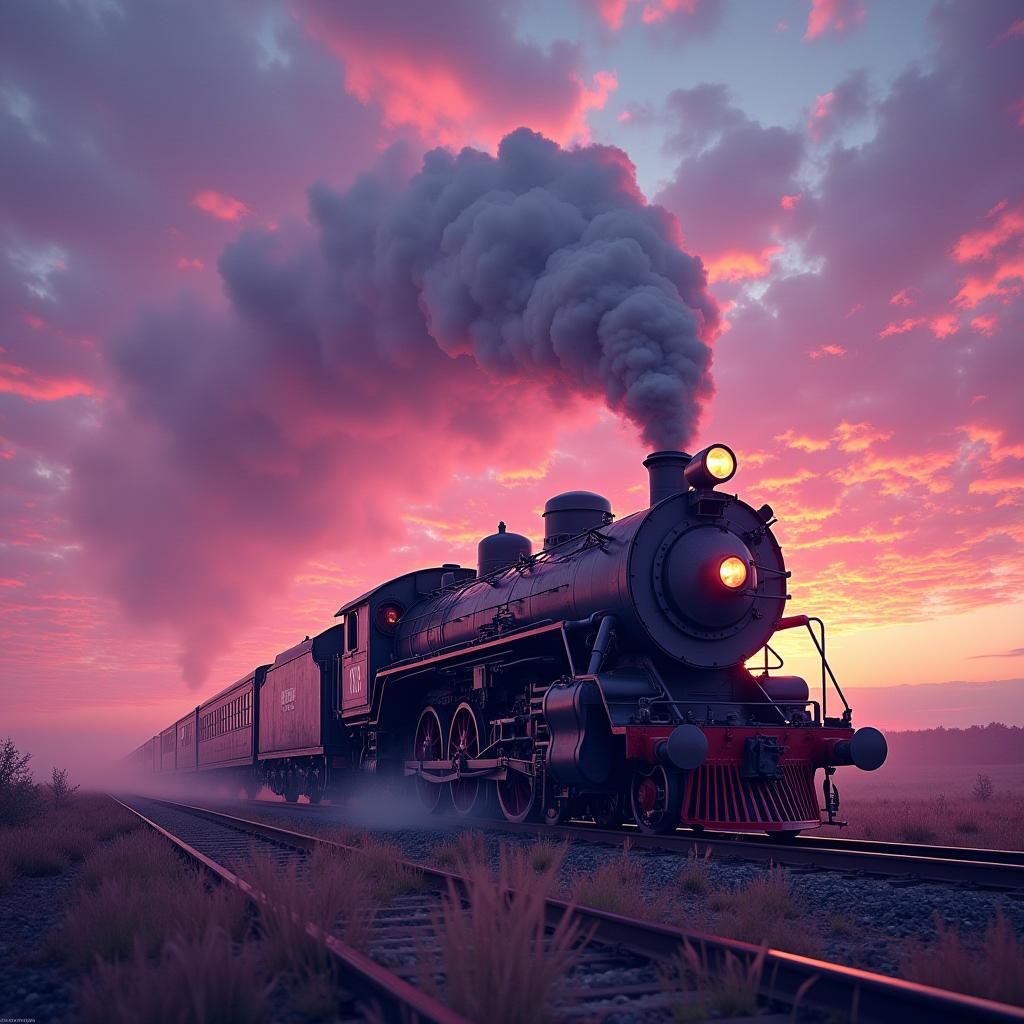 Locomotive Spouting Violets in Luminous Sky